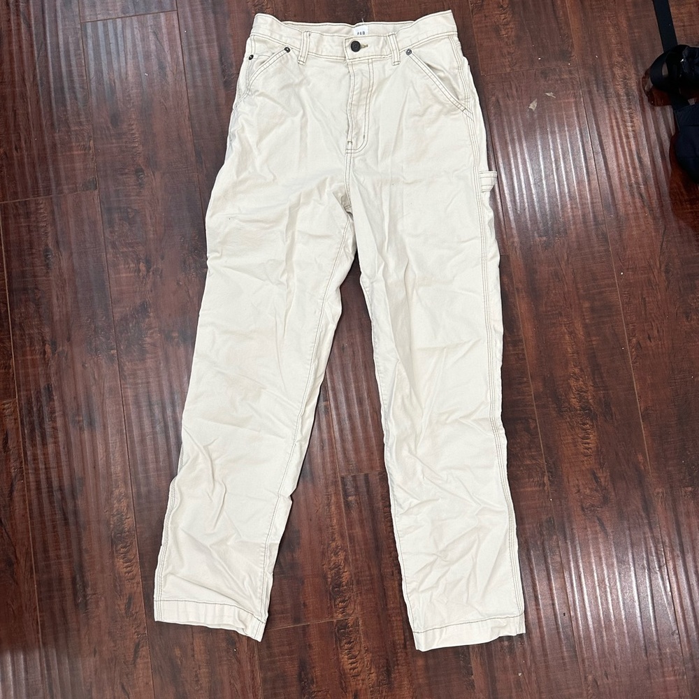 gap carpenter pants in ivory with contrast stitch high waist straight leg